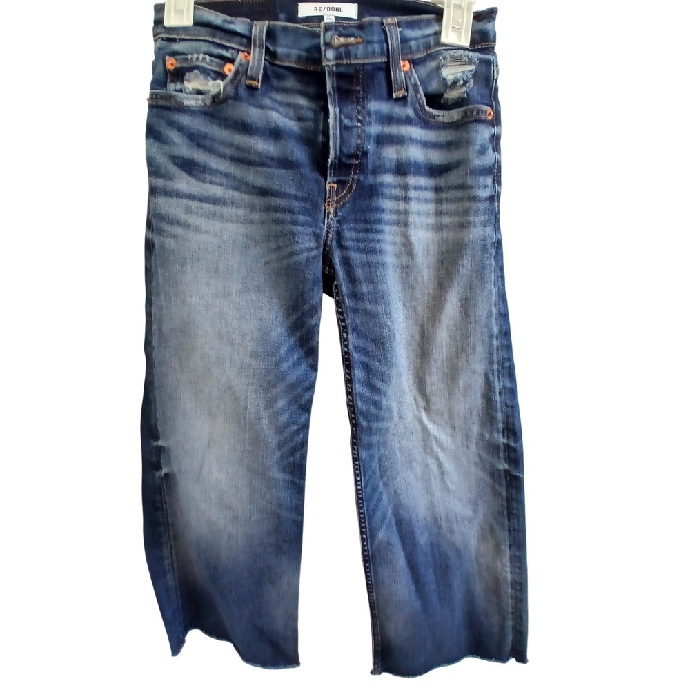 RE/DONE Womens Denim Mid Rise‎ Wide Leg Crop Jeans Distressed Size 24